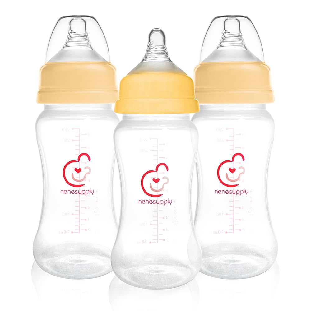 Nenesupply Natural Baby Bottles Newborn Feeding Bottles Slow Flow Breastfeeding Bottle for Breastfed Babies Wide Neck 9oz Anti Colic Level 2 Nipple