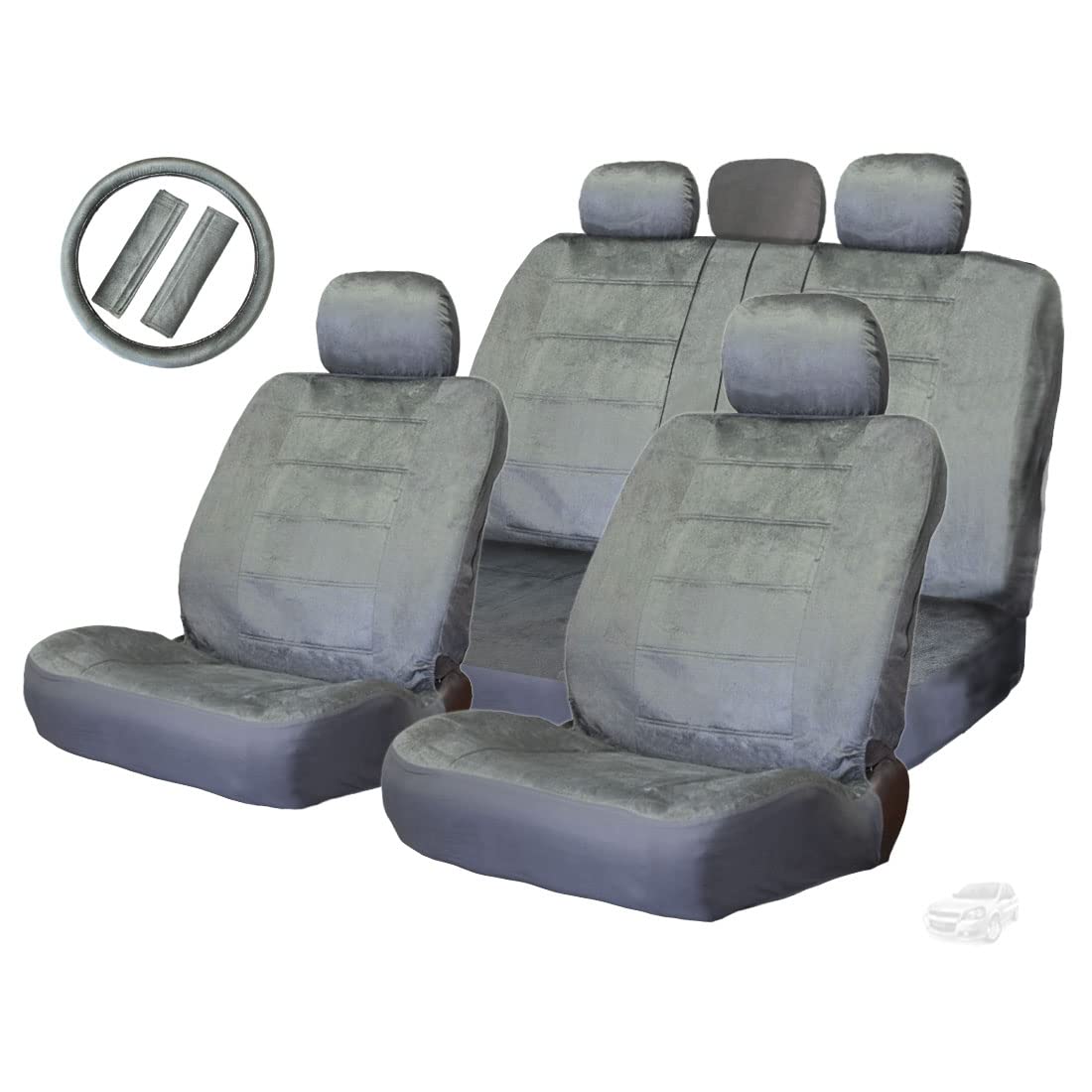 Yupbizauto New 11 Pieces Premium Grade Universal Size Velour Car Seat Covers Set with 40/60 Split Feature Rear Covers, Steering Wheel Cover and Seat Belt Covers -Grey