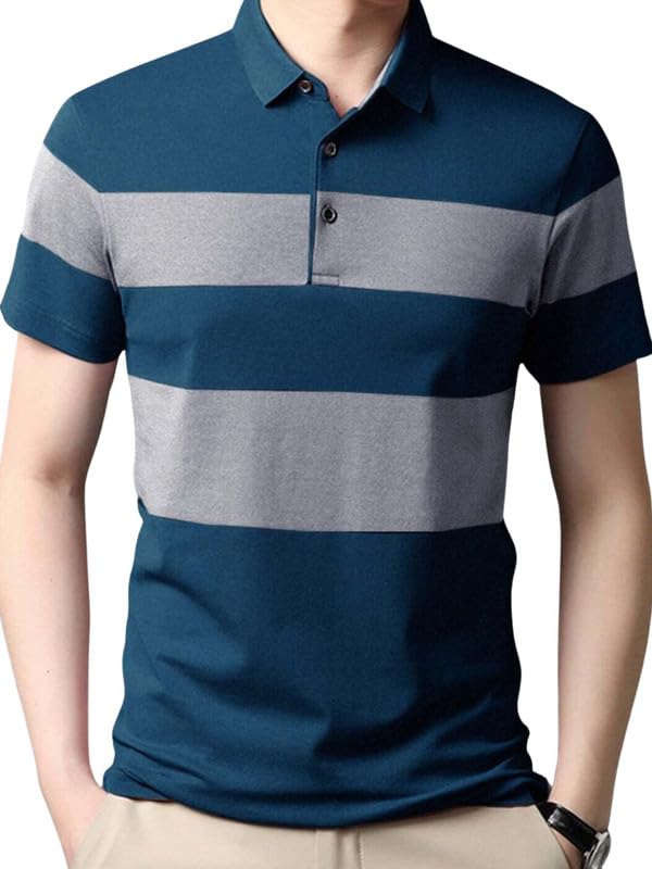 Image of GENERIC Men's TealGrey Striped Polo Collar Half Sleeve T-Shirt XL