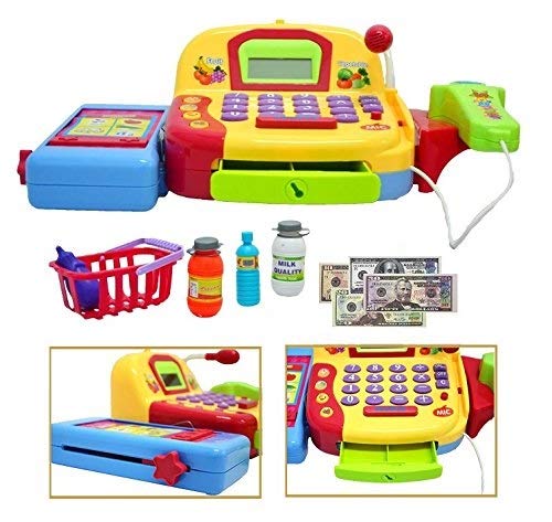FUNERICA Play Cash Register Toy for Kids - with Working Microphone, Scanner, Calculator, Pretend Play Food Toys, Cuttable Fruits, Cashier Toy, Play Money, & Grocery Toys