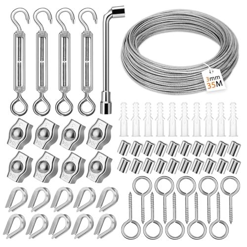 USHOP 35m Cable de Acero Inoxidable,Cable de Alambre Acero,Kit de cuerda de alambre con tensores de alambre,Tensor Cable Acero para Colgar Plantas Trepadoras, Tendedero Exterior, Lámpara Colgante