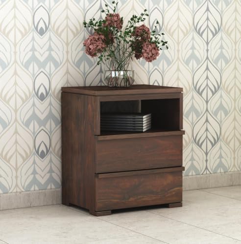 Image of Solid Sheesham Wood Bedside Table for Bedroom Handmade Wooden Bed Side Nightstand End Table for Home & Bed Room (Walnut Finish with 2 Drawer & Shelf)