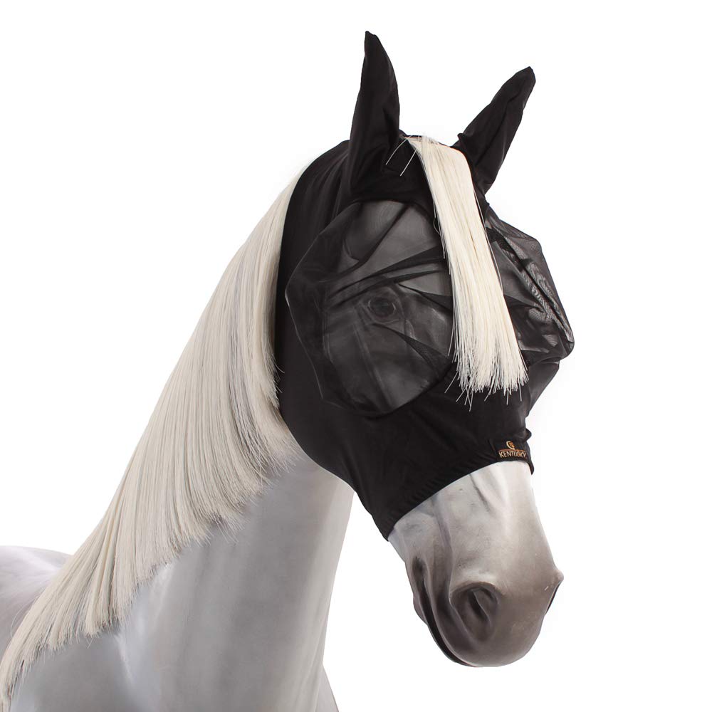 Fliegenmaske Pferd Slim Fit – Atmungsaktive Lycra Fliegenmaske mit Ohren, extra Starke Netzaugen, UV-Schutz, mit Reißverschluss & Mähnenöffnung, leicht & waschbar, schwarz
