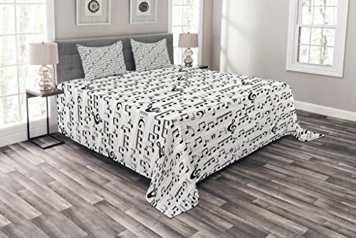Ambesonne Music Bedspread, Abstract Style Professional Music Pattern with Notes and Clef Sheet Play Writing, Decorative Quilted 3 Piece Coverlet Set with 2 Pillow Shams, Queen Size, White Dark Grey