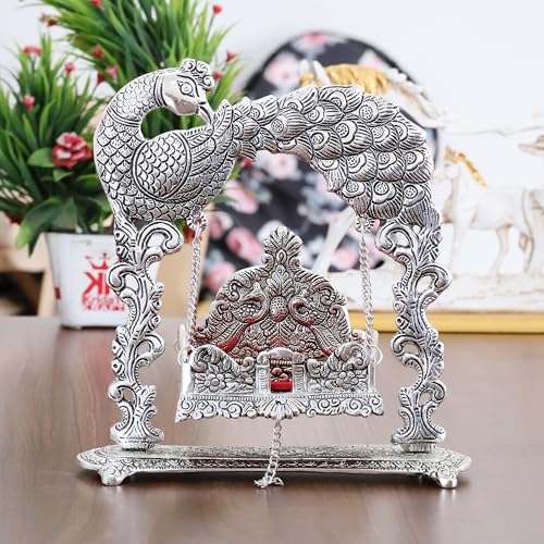 Image of KridayKraft Metal Laddu Gopal Jhulla For Janmastmi Festive Silver Plated Polish Decorative Metal Palna For Krishna Ji, Temple Office,Gift Article, 20 cm , 23 cm