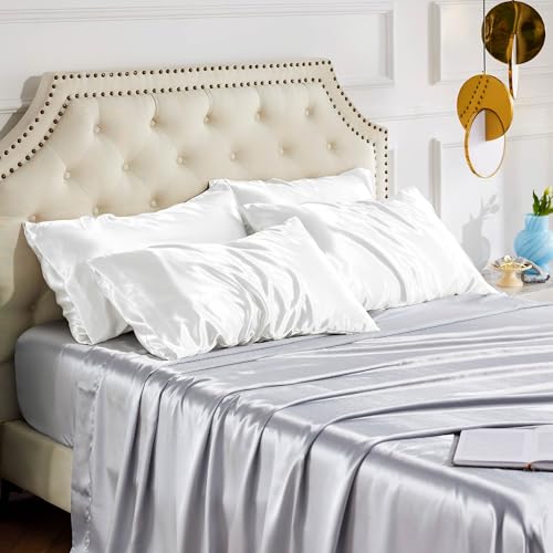 Image of Bedsure King Size Satin Pillowcase Set of 4 - Pure White Pillow Covers for Hair and Skin 20x36 Inches with Envelope Closure, Similar to Silk Pillow Cases, Gifts for Women Men