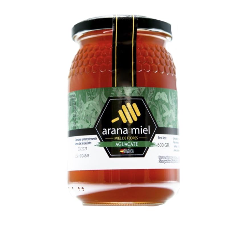 Miel pura de abeja. Miel de Aguacate en formato de 500 gr. Sabor con notas a caramelo y frutos secos, con muchas propiedades que aportan su consumo diario. Producto Artesano Cosecha Propia de Granada.