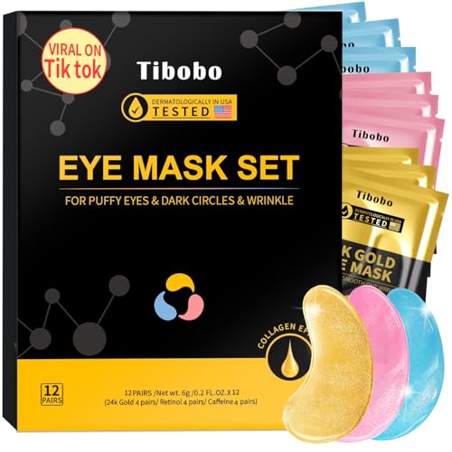 Under Eye Patches(12 Pairs), 24K Gold, Caffeine, Retinol Eye Masks for Puffy Eyes, Wrinkles, Dark Circles, Undereye Bags Treatment - Restoring &amp; Awakening &amp; Moisturizer Skin care Gift for Women