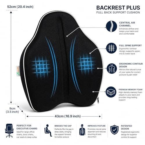 Image of Grin Health Full Backrest Cushion with Lumbar Support for Office Chair | High-Density Ortho Responsive Memory Foam | Orthopedic Back Rest for Back Pain Relief - Ergonomic Chair Cushion (Backrest Plus)