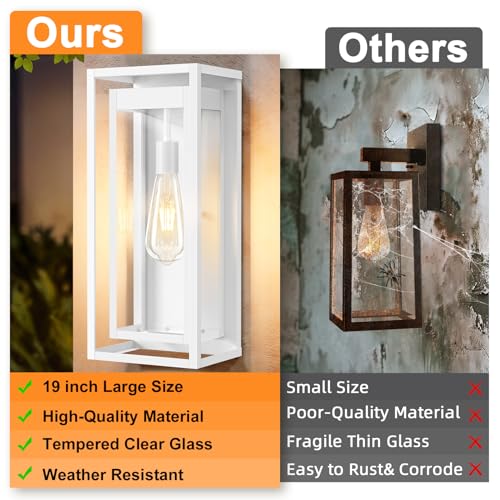 Image of 19 Inch White Outdoor Wall Light Fixtures, 2 Pack Porch Lights | Large Size, Anti-Rust, Waterproof, Tempered Glass, Easy Installation, Exterior Wall Sconces for House Entryway Garage