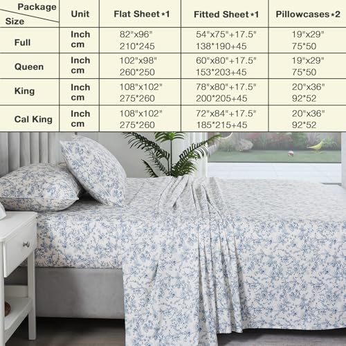 Image of Vintage Blue Floral Percale Sheets, Queen Size 100% Cotton Deep Pocket Neutral Flower French Country Sheet Set, Shabby Chic Soft Farmhouse Bed Sheets, Cottagecore Toile Bedding, White, 4Pcs