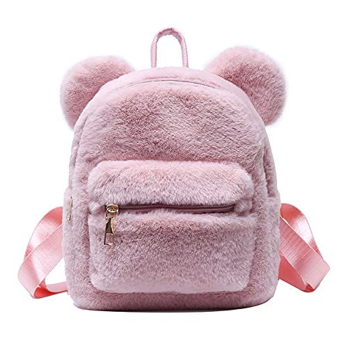 Cute Fuzzy Bear Ears Backpack Kawaii Soft Fluffy Casual Daypack Mini Shoulder Bag Purse for Girls (Pink)