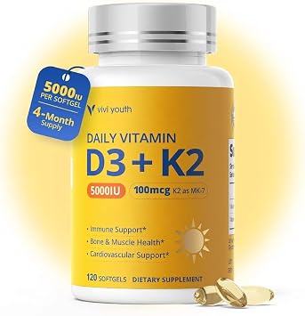 Vitamin D3 K2 Supplement 5000 IU & MK-7 100mcg with Sunflower Seed Oil, High Absorption Softgels for Bone, Immune & Heart Health, Soy-Free, Non-GMO 120 Servings for Adults & Seniors