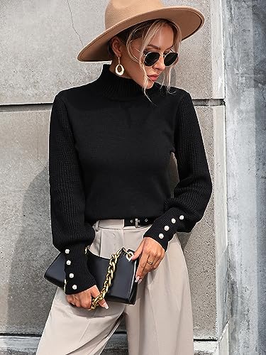 Upopby Women's Fall Winter Turtleneck Sweaters for Women Lantern Sleeve Knitted Pullover Sweater Jumper Tops3