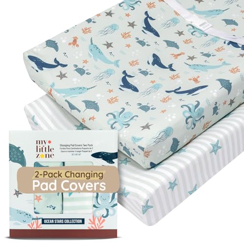 Image of Baby Changing Pad Covers Girl 32"x16", 8" Deep Pocket - Diaper Changing Pad Cover Nautical, 100% Cotton Ocean Whale Diaper Change Table Sheet for Girl & Boy, 2 Pack, Designed in France, Teal-White