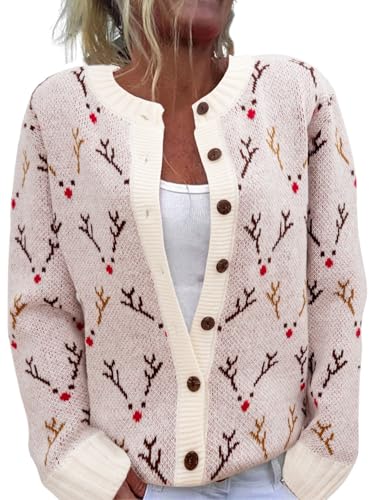 Image of Women's Funny Fall Winter Animal Floral Christmas Tree Long Sleeve Button Knit Cardigan Sweater