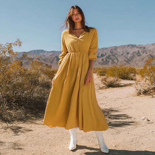 Womens Long Sleeve Maxi Dress V Neck Button Down Casual Boho Cotton Linen Dress 2025 Fall Winter Long Dresses2