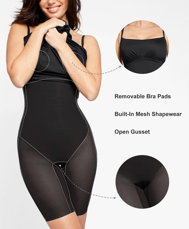 Popilush Shapewear Dress Built in Bra Adjustable Straps Square Neck Summer Formal A-Line Slip Midi Dresses for Women - Image 3