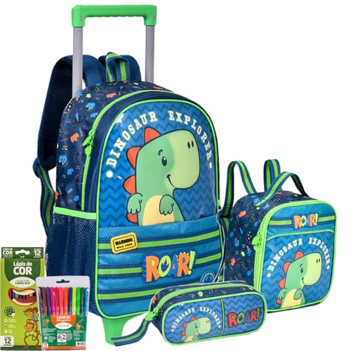 Kit Escolar Infantil Mochila de Rodinhas Dino Roar Lancheira Térmica Estojo Grande Zíper Estampa Dinossauro Meninos Volta às Aulas