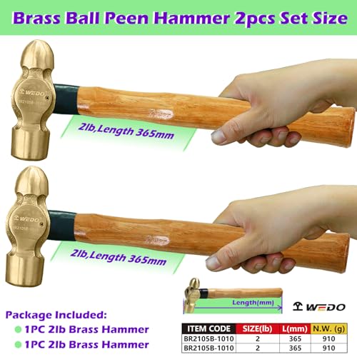 Image of WEDO 2PCS Brass Ball Peen Hammer Set, 32 oz+32 oz(2lb+2lb), Brass Ball Pein Hammer Set with Wooden Handle, Die-Forged, Corrosion Resistant, DIN Standard