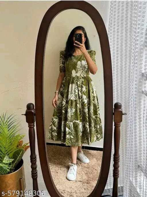Image of Women's Rayon A-Line Midi Dress, Floral Print, Short Sleeves, Round Neck, Tiered Design
