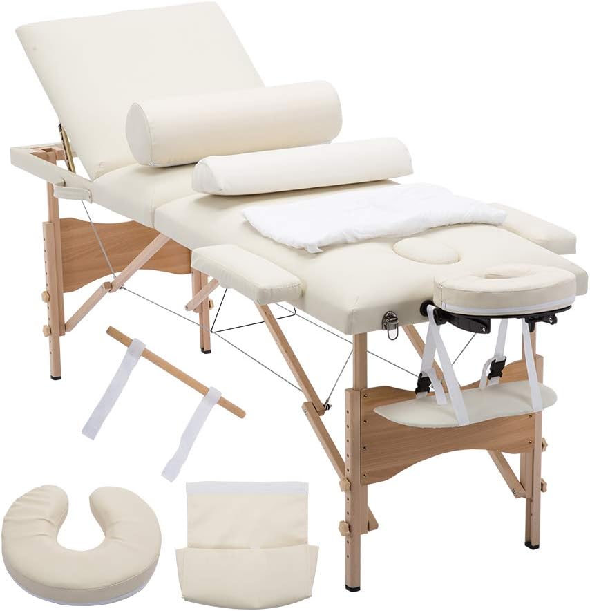 Folding Massage Table 84'' Professional Portable 3 Fold Facial Massage Bed Salon SPA with Sheet, Cradle Cover, 2 Bolster with Backrest with Carry Case White