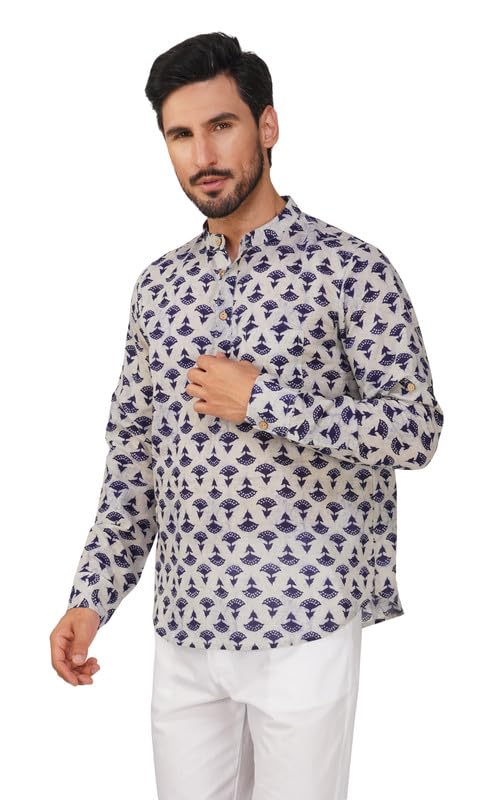 Image of Vastraa Fusion Men's Handloom Weaving Pure Cotton Short Kurta, Round Collar, Full Sleeves,Button Kurta, Ethnic Wear