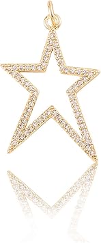 Stiesy 10 Pcs Brass CZ Stone Pendants Micro Pave Clear Cubic Zirconia Star Shape Charms with Real 18K Gold Plated - 27x19x2mm