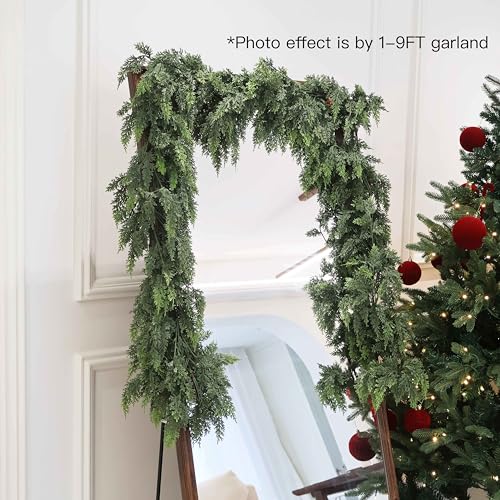 9FT Christmas Cedar Garland Artificial Real Touch Thickness Realistic Greenery Pine Garland for Mantle Fireplace Outdoor Indoor Christmas Decorations