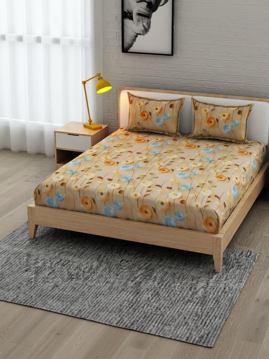 Image of Double Bed Fitted Bedsheet with 2 Pillow Covers | 7D Printed Bedsheet | Soft Cotton Feel, Wrinkle Free & Fade Resistant | Elastic Fit (Beige 7D, Fitted - Double72x72)