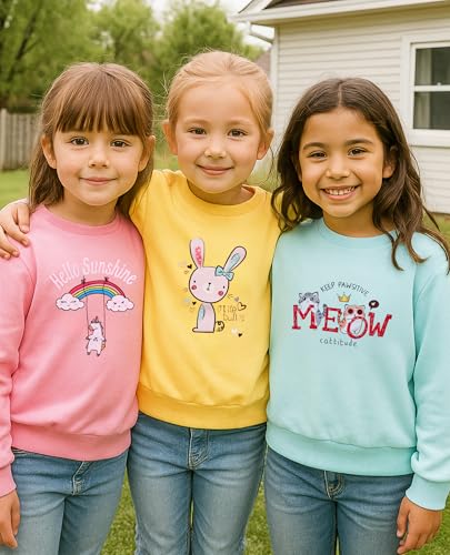 3-Pack Girls Long Sleeve T-Shirt for Fall,Soft Cotton Toddler Top,Cute Graphic Tee for Kids (2-12Y)3