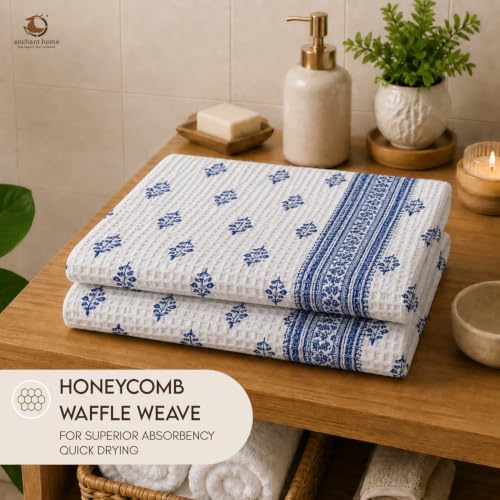 Image of Pure Cotton Printed Waffle Towel | Lightweight | Antimicrobial and Water Absorbent | Soft Touch Quick-Drying Bath Towels (Indigo Buti, Pack of 1)