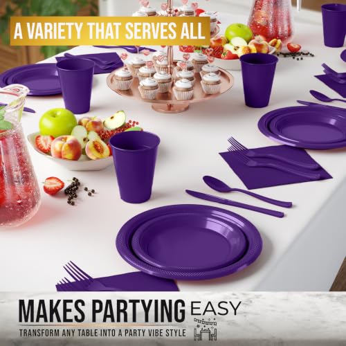 Image of Exquisite 350 Pcs Purple Plates and Napkins Party Supplies Plate Sets | Sturdy Plastic Dinnerware Set With 9 inch & 7 inch Plates, 12 Oz Cups, Lunch Napkins and Cutlery Serves 50 for Birthdays & Everyday