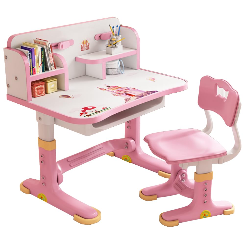 Kinderschreibtisch und Stuhl Set, Höhenverstellbar Schreibtisch Kinder Mit Schubladen und Bücherregalen, Cartoon Schreibtisch Bücherregal für Jungen und Mädchen zu Studieren (Rosa Schloss)