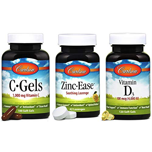 Carlson - Vitamin Bundle - C-Gels (100 Soft Gels), Natural Lemon Flavor Zinc-Ease (42 Lozenges), Vitamin D3 (120 Soft Gels) - Immune Support, Antioxidants, Optimal Health, Vitamin C, Vitamin D