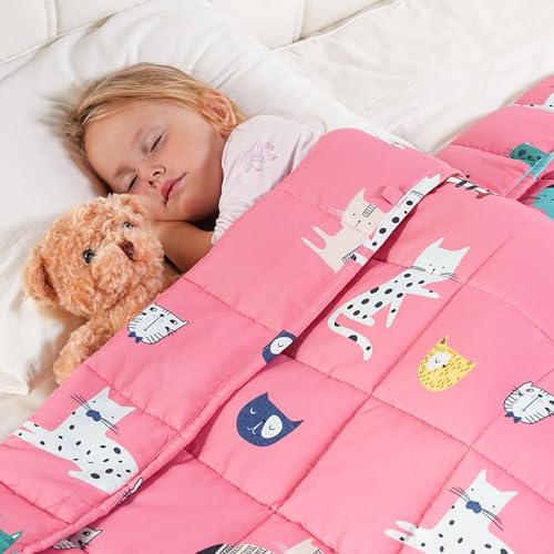 Kivik Cooling Weighted Blanket 5 Pounds, Breathable Small Weighted Blankets, Ultra Soft Heavy Throw for Relaxing & Sleeping, Machine Washable, 36 x 48 Inches, Cute Cat Printing, Pink