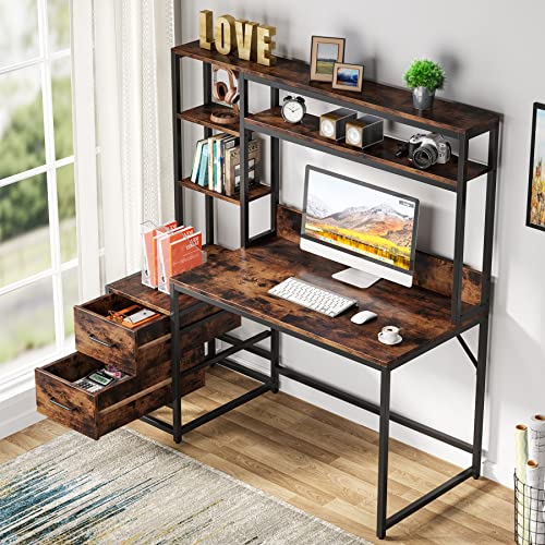 Image of Tribesigns 55 Inch Computer Desk with 2 Drawers and Storage Shelves, Rustic Office Desk with Hutch, Study Writing Gaming Table Laptop Workstation for Home Office (Brown)