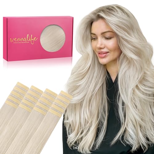 WENNALIFE Extensiones Adhesivas Pelo Natural, 40cm, 50g, 20 Piezas, Platinblond, Extensiones Pelo Remy Cabello Humano