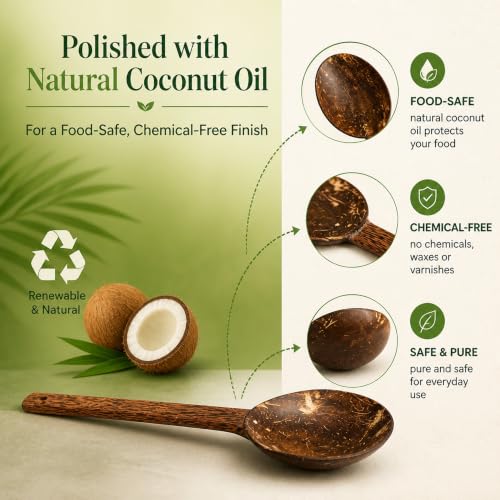 Image of Thenga Natural Handmade Coconut Shell Serving Spoon | Eco-Friendly Wooden Spoons for Kitchen & Dining | Handcrafted Rustic Utensils for Salad, Rice, Snacks & More | Food-Safe Finish (Set of 4, Brown)