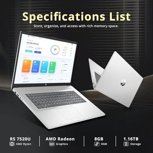 Image of HP 17.3 inch FHD IPS Business Laptop, AMD Ryzen 5 7520U, 8GB LPDDR5, 1.16TB Storage (1TB SSD+160GB Docking Station Set), AMD Radeon Graphics, Numeric Keypad, 720p HD Webcam, Wi-Fi 6, Win 11, Silver