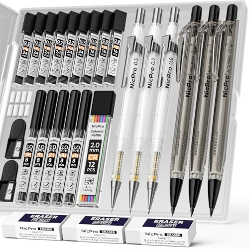 Nicpro 6 piezas portaminas para dibujo: portaminas de 0,5, 0,7 y 0,9 mm y 3 porta minas de 2 mm (colores 4B 2B HB 2H) para escritura artística, bocetos y dibujo. Incluye recambios y borradores