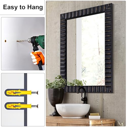 Image of Modern Wooden Black Bedroom Mirror, 60 inch x30.5 inch Mirror Wall Decor, Rectangular Relief Frame, Tempered Glass, Vintage Farmhouse Style for Living Room /Entryway /Bathroom (Black, 60 inchx30.5 inch)