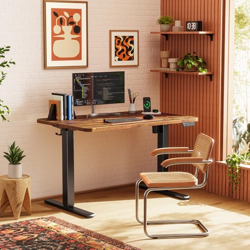 Image of Huuger Electric Standing Desk with Power Outlets and USB-C Port, 39 X 24 Inch Height Adjustable Desk, Sit Stand Desk for Home Office, Computer & Gaming Desk with 4 Presets, Rustic Brown