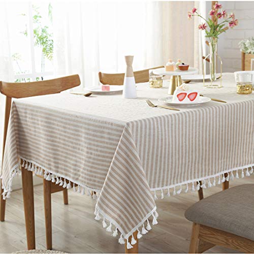Bringsine Stripe Tassel Tablecloth Cotton Linen Stain Resistant/Dust-Proof Waterproof Table Cloth Cover for Kitchen Dinning Tabletop Decoration (Rectangle/Oblong,55 x 81 Inch, Beige)