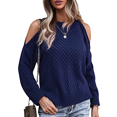 Inshine Women Off Shoulder Solid Crew Neck Long Sleeve Knit Pullover Sweater Tops E-XL