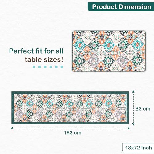 Image of Heart Home Velvet 13x72 Inch Table Runner for Home Decor | 6 Seater Dining Table Place Mat Elegant Soft Feel /Machine Washable | Pyramid 1348 - Cream & Green