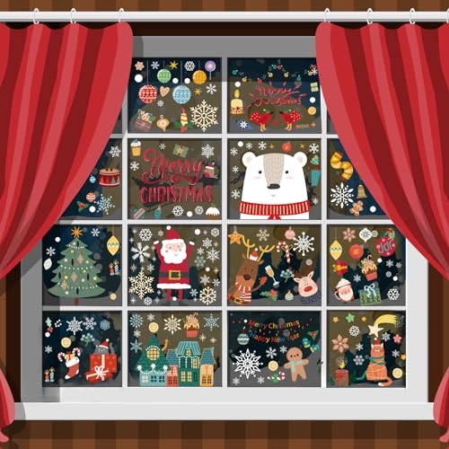 Image of Christmas Window Clings for Glass Windows, Stickers for Window Decorations | 8 Sheets Window Decals for Home, Classroom, Kids Party Indoor, Glass Doors, Xmas Winter Holiday Decor with Santa & Snowflakes