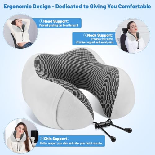 Image of CloudBliss Travel Pillow for Plane, Memory Foam Neck Pillow for Traveling, Airplane Pillow with Eye Mask, Earplugs, Storage Bag, Compact Neck Pillow for Long Flight Sleep, Travel Essentials Light Grey