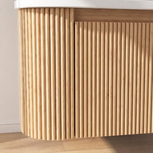 Image of 36 Inch Wall Mounted Bathroom Vanity with Ceramic Sink, Pre-Assembled Floating Vanity Cabinet with Marble Countertop, Wave Texture Finish & Drawer, Wood