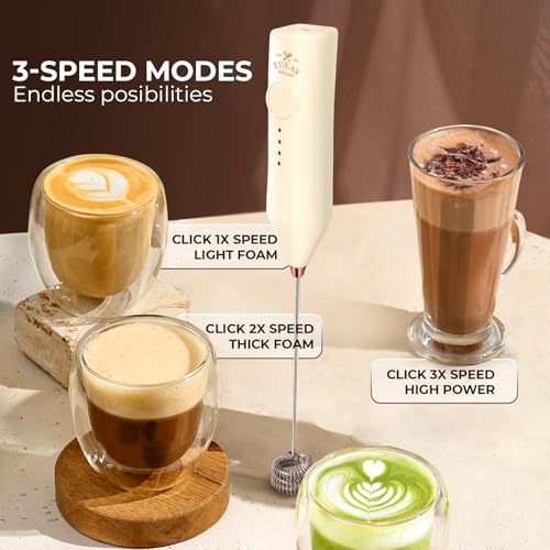 Image of Zulay Kitchen Rechargeable Milk Frother Handheld - Frother Wand, Drink Mixer, Electric Whisk Frother, for Cappuccinos, Matcha & Protein Powder - Dynamic 3 Whisk, 3 Speed 500mAh Cream Gold